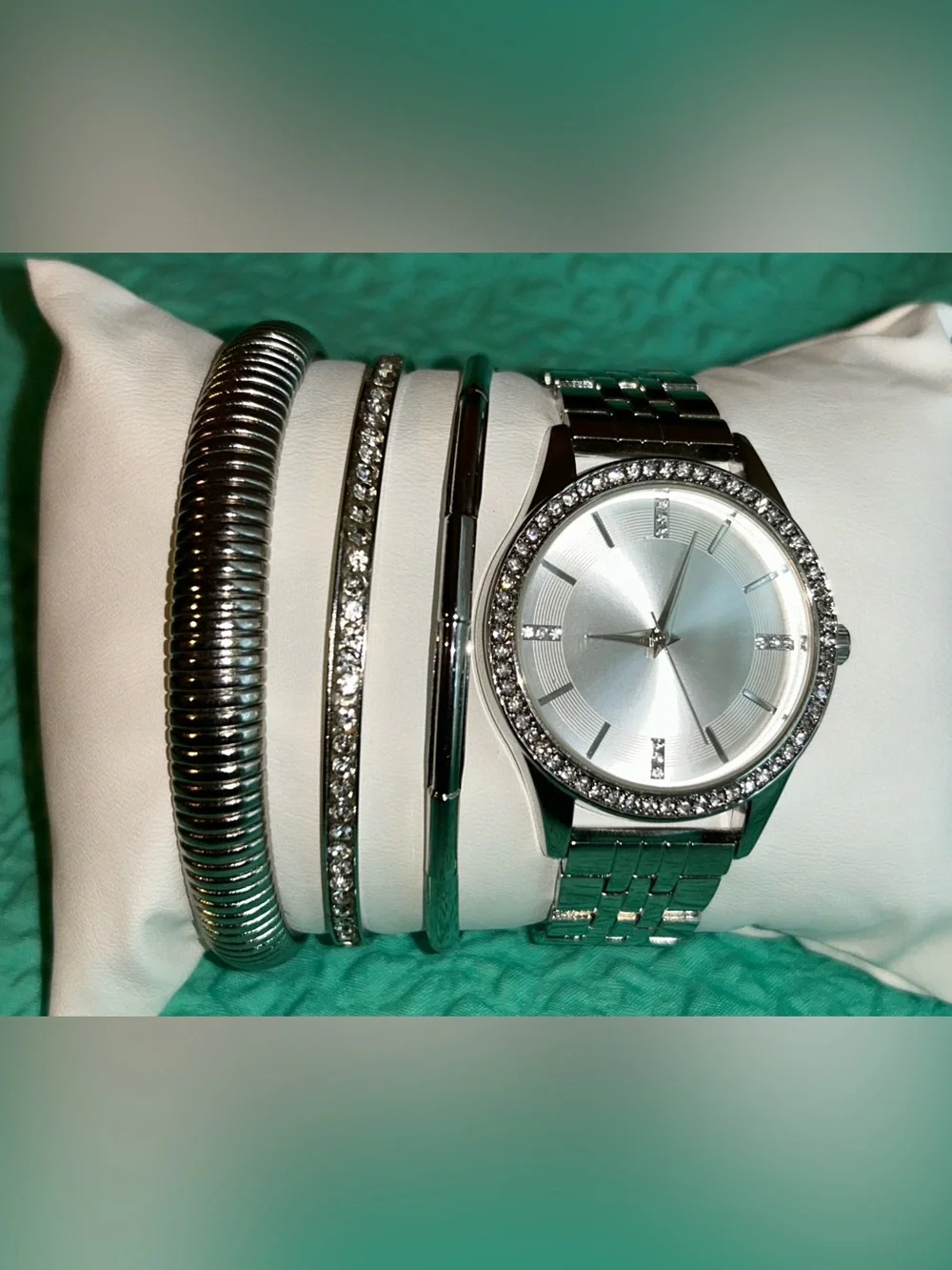 Silver Crystal Bezel Stainless Watch with Bangles Set NWOT Jewelry Set